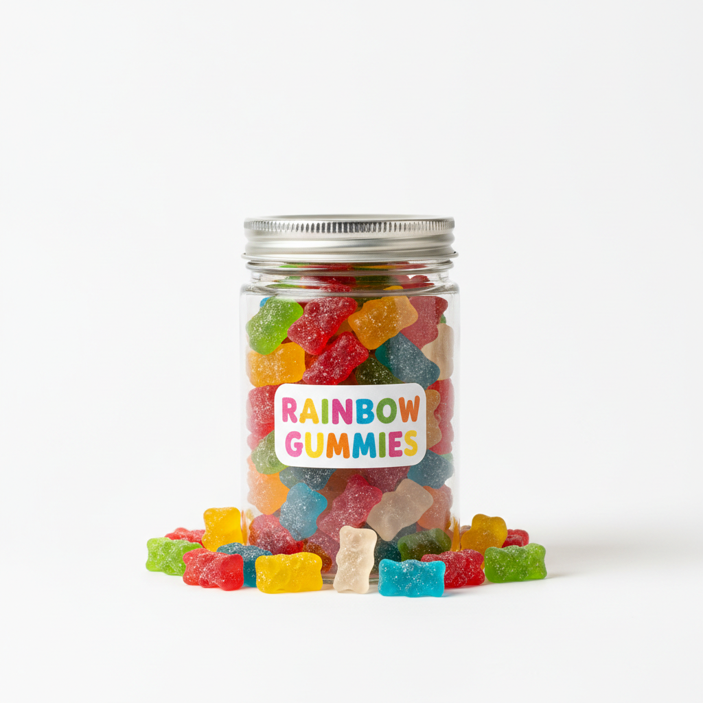 Rainbow Gummy Bears in a glass jar