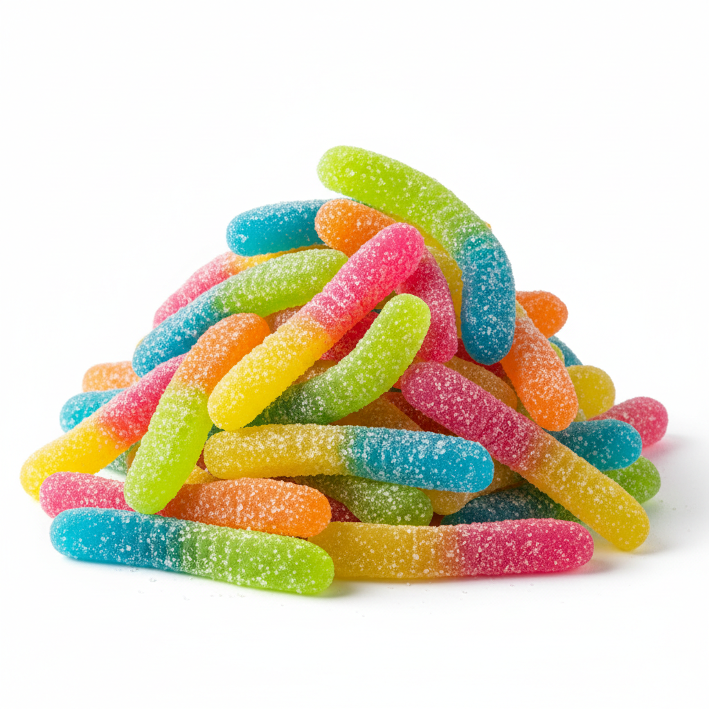 Sour neon worm candy in bright colors