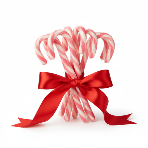 Pink and white peppermint candy canes tied with a ribbon